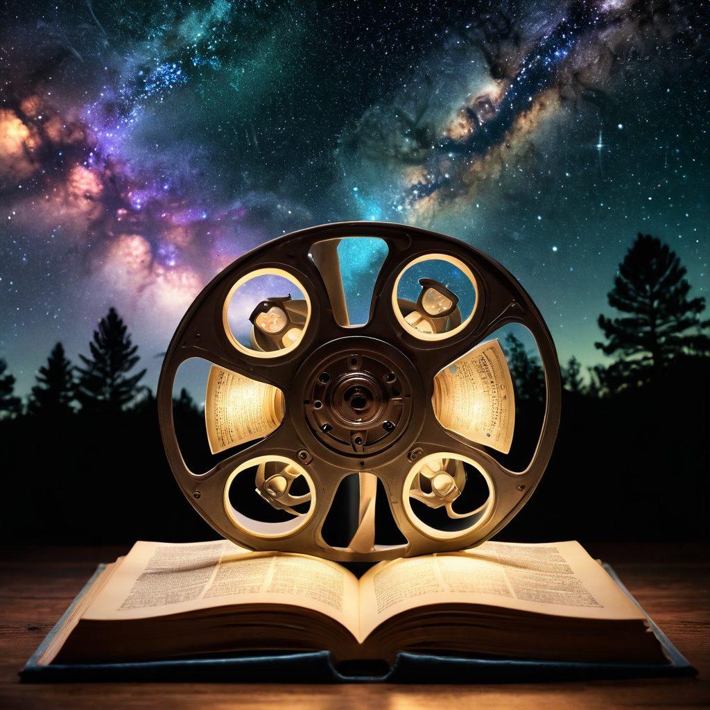A mystical film reel unraveling into a vast open book filled with stills from iconic movies, each page glowing with cinematic moments. In the background, a vintage projector casting light onto the scene, surrounded by a starry night sky, symbolizing the secrets of cinema being unveiled. The atmosphere should be enchanting and inviting, with a hint of nostalgia. vibrant colors. 3D.