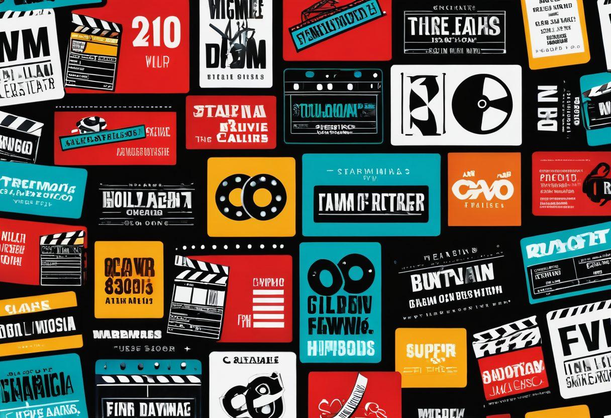 A vibrant collage showcasing the excitement of the film industry, featuring iconic film reels, clapperboards, and glamorous red carpets. Overlay dynamic film trailers and trending movie posters in a visually striking arrangement, highlighting the latest cinematic buzz. Incorporate elements of modern technology like streaming devices and social media icons to represent contemporary film trends. Use bold colors and a playful layout to capture the essence of film news and trends. super-realistic. vibrant colors. dynamic composition.