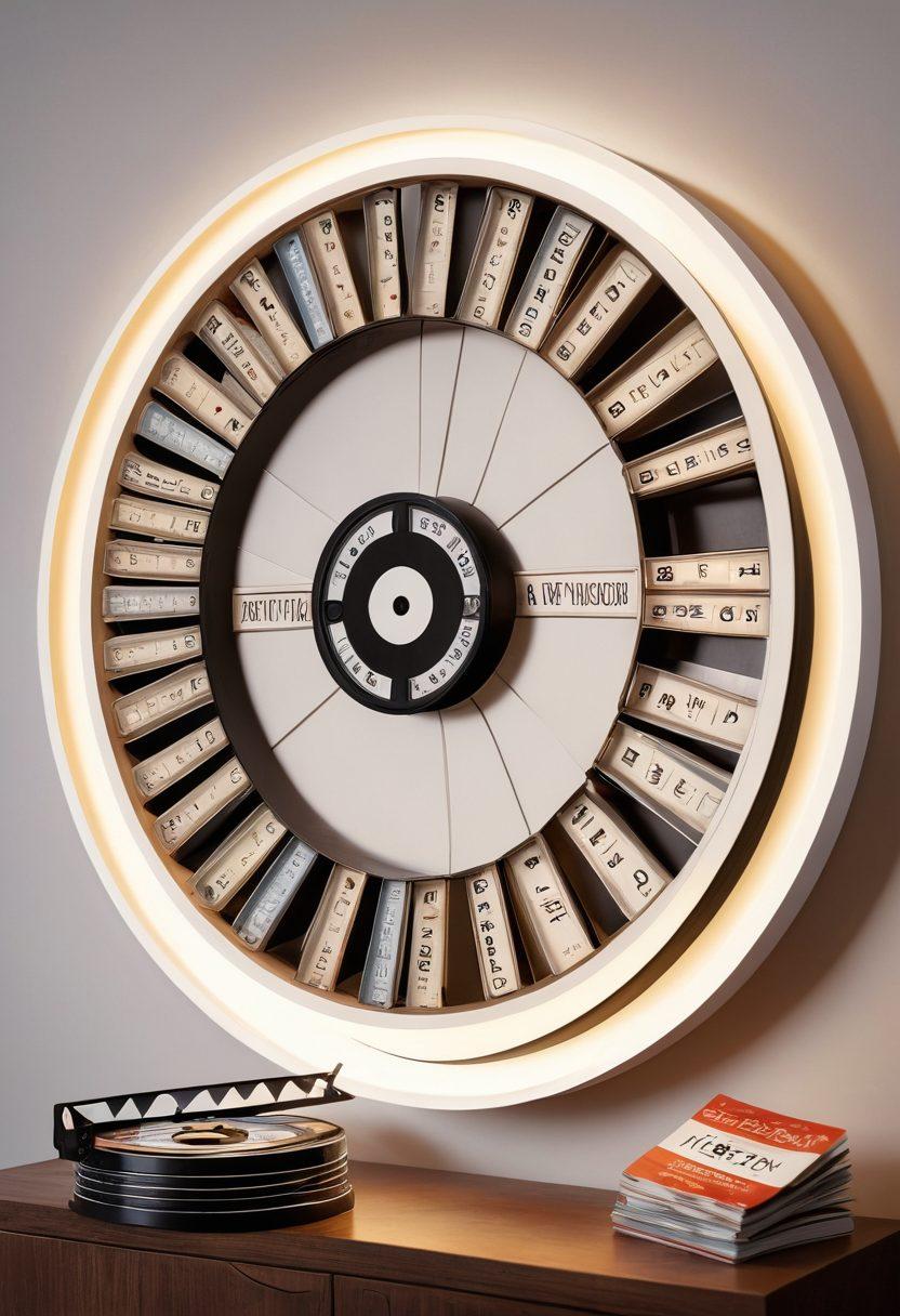 A visually striking film reel spiraling into a circular bookshelf filled with neatly organized DVDs and Blu-rays. In the foreground, a stylish cinema ticket with a calendar marking 'film night'. Above, film industry icons like cameras, clapperboards, and popcorn float around in a whimsical manner. The background features a warm, inviting ambiance with soft lighting that enhances the cinema vibe. super-realistic. vibrant colors. white background.